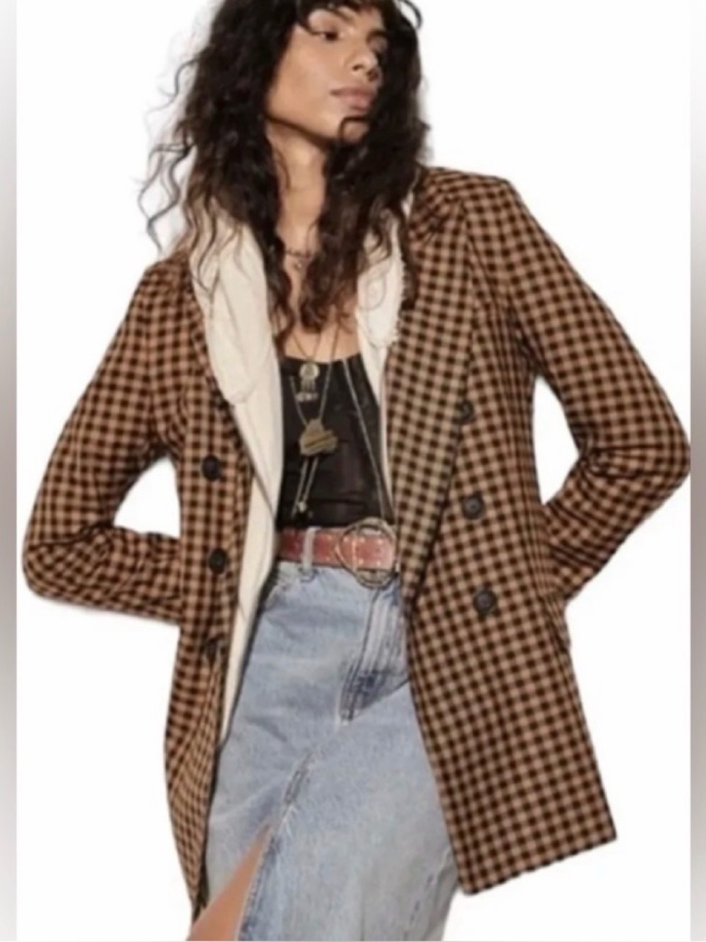 FREE PEOPLE BROWN BLACK ASHBY PLAID CHECK BLAZER JACKET DOUBLE BREASTED SMALL